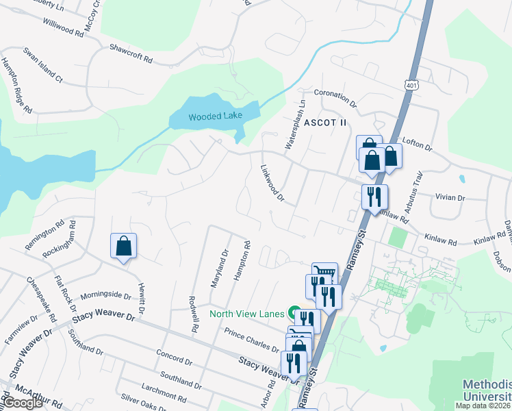 map of restaurants, bars, coffee shops, grocery stores, and more near 412 Bubble Creek Court in Fayetteville