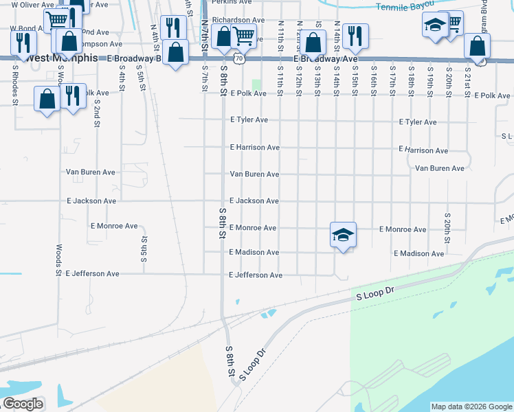 map of restaurants, bars, coffee shops, grocery stores, and more near 605 South 10th Street in West Memphis