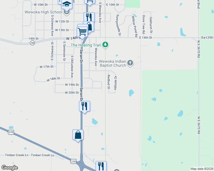 map of restaurants, bars, coffee shops, grocery stores, and more near 1909 Redbud Street in Wewoka