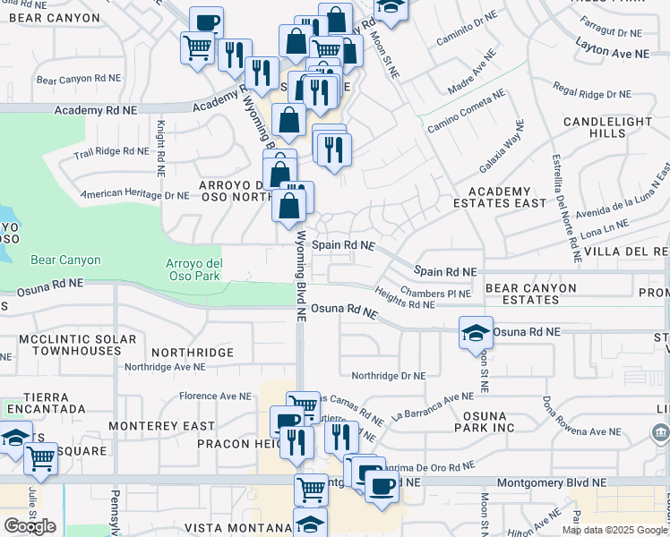 map of restaurants, bars, coffee shops, grocery stores, and more near 8420 Chambers Court Northeast in Albuquerque