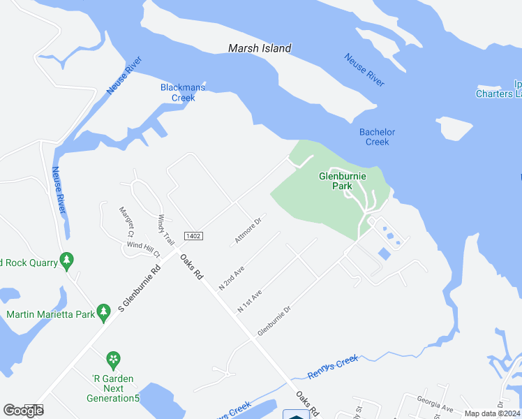 map of restaurants, bars, coffee shops, grocery stores, and more near 202 Attmore Drive in New Bern