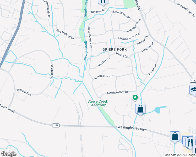map of restaurants, bars, coffee shops, grocery stores, and more near 11612 Antebellum Drive in Charlotte