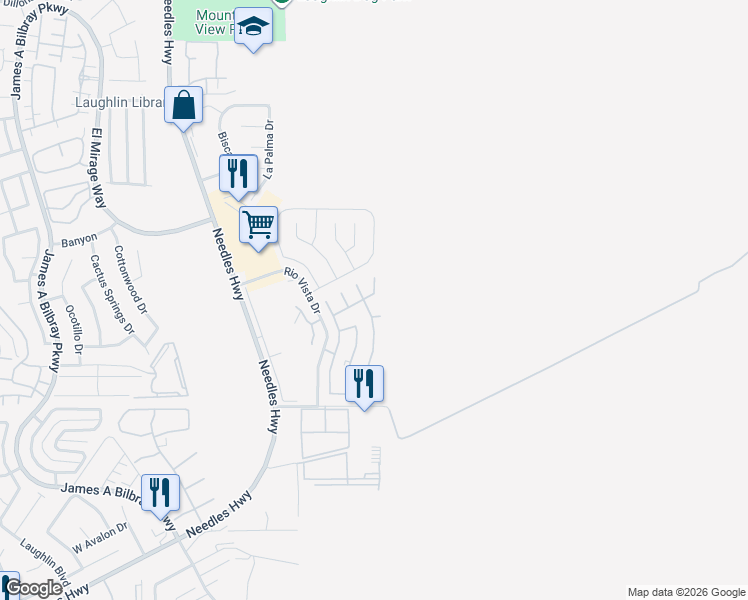 map of restaurants, bars, coffee shops, grocery stores, and more near 1647 Granada Street in Laughlin