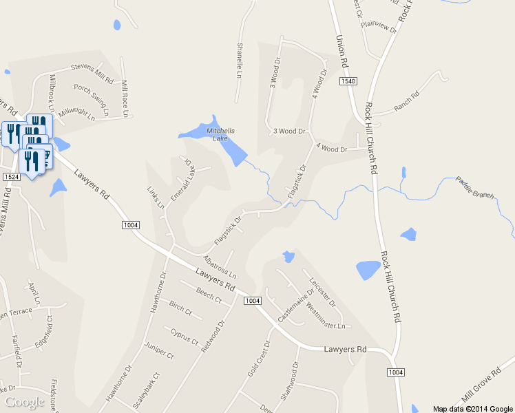 map of restaurants, bars, coffee shops, grocery stores, and more near 2325 Flagstick Drive in Matthews