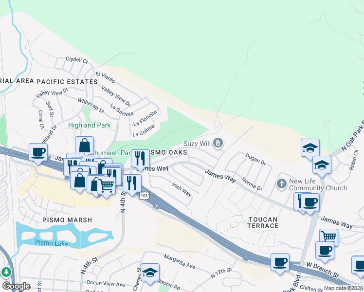 map of restaurants, bars, coffee shops, grocery stores, and more near 692 Shamrock Lane in Pismo Beach