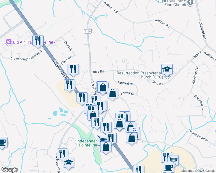 map of restaurants, bars, coffee shops, grocery stores, and more near 9715 Northeast Parkway in Matthews