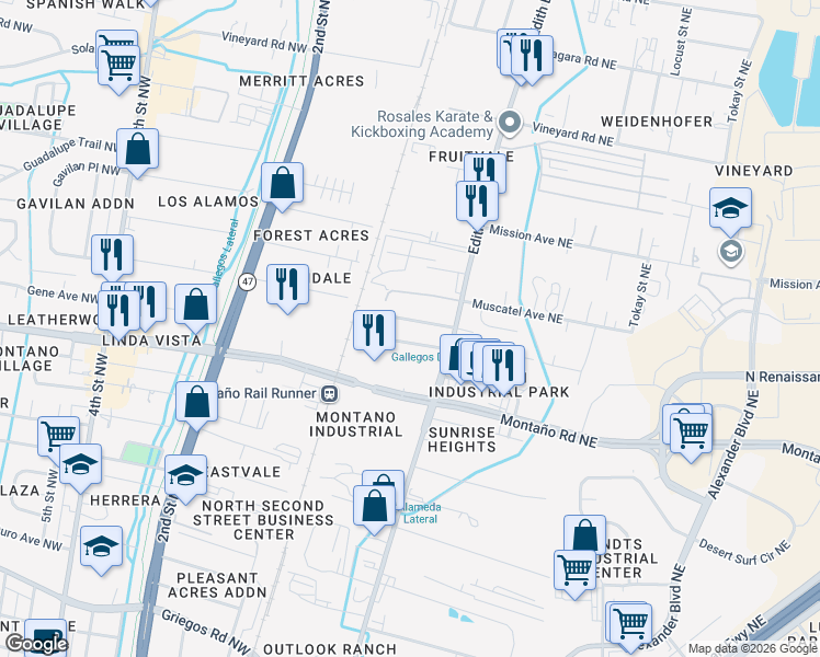 map of restaurants, bars, coffee shops, grocery stores, and more near 212 Placitas Road Northeast in Albuquerque
