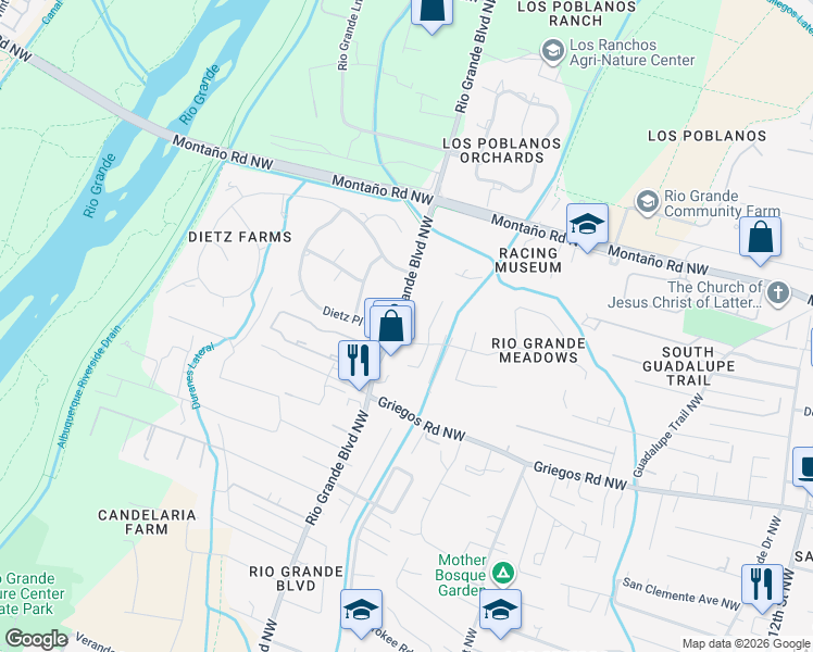 map of restaurants, bars, coffee shops, grocery stores, and more near 2101 Dietz Place Northwest in Albuquerque