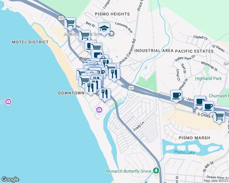 map of restaurants, bars, coffee shops, grocery stores, and more near 317 Ocean View Avenue in Pismo Beach