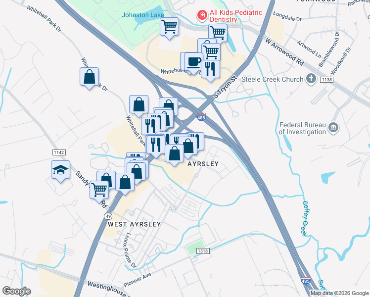 map of restaurants, bars, coffee shops, grocery stores, and more near 9110 Kings Parade Boulevard in Charlotte