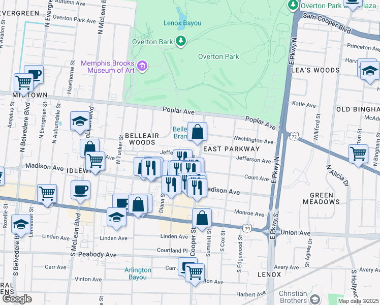 map of restaurants, bars, coffee shops, grocery stores, and more near 2102 Jefferson Avenue in Memphis