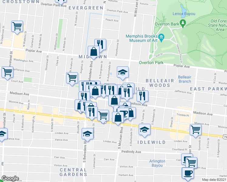 map of restaurants, bars, coffee shops, grocery stores, and more near 35 North Idlewild Street in Memphis