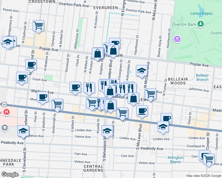 map of restaurants, bars, coffee shops, grocery stores, and more near 44 North Belvedere Boulevard in Memphis