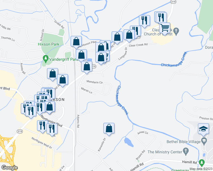 map of restaurants, bars, coffee shops, grocery stores, and more near 5022 Redvine Way in Chattanooga