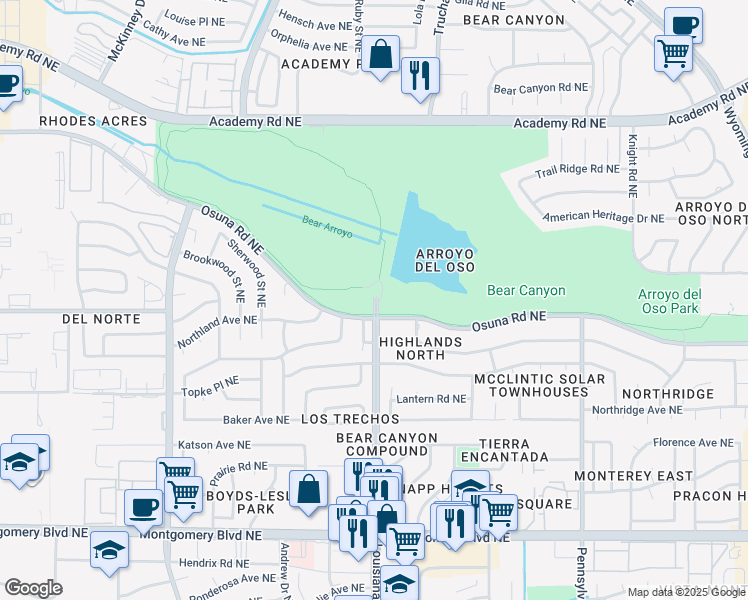 map of restaurants, bars, coffee shops, grocery stores, and more near Louisiana Boulevard Northeast in Albuquerque