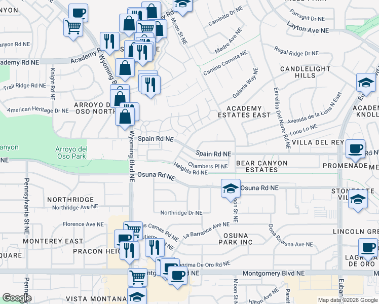 map of restaurants, bars, coffee shops, grocery stores, and more near 8502 Spain Road Northeast in Albuquerque