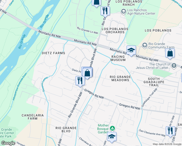 map of restaurants, bars, coffee shops, grocery stores, and more near 2101 Dietz Place Northwest in Albuquerque