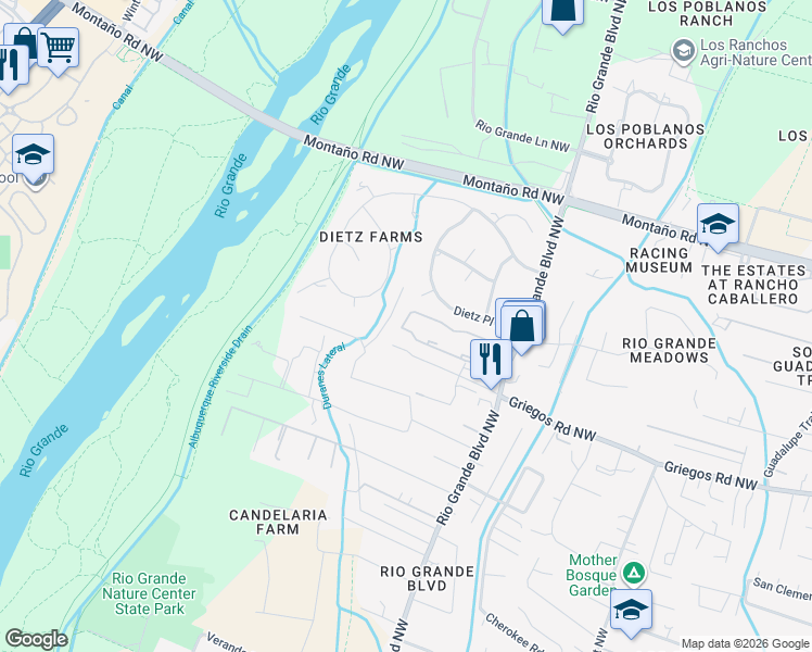 map of restaurants, bars, coffee shops, grocery stores, and more near 2531 Griegos Place Northwest in Albuquerque