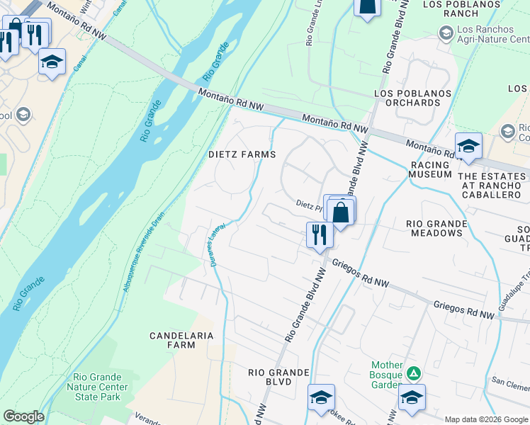 map of restaurants, bars, coffee shops, grocery stores, and more near 2531 Griegos Place Northwest in Albuquerque