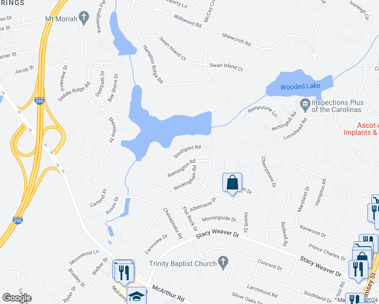 map of restaurants, bars, coffee shops, grocery stores, and more near 5197 Southport Road in Fayetteville