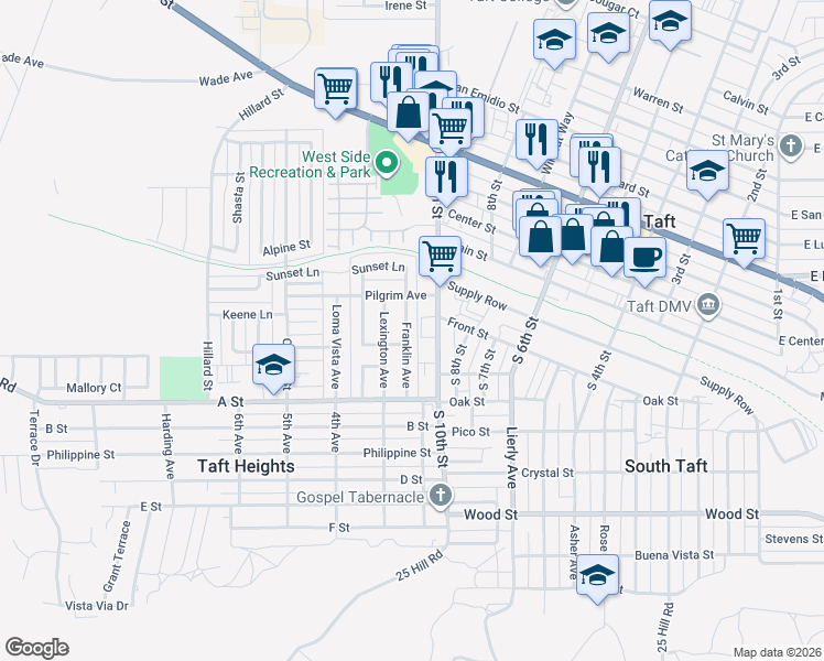 map of restaurants, bars, coffee shops, grocery stores, and more near 114 Franklin Avenue in Taft