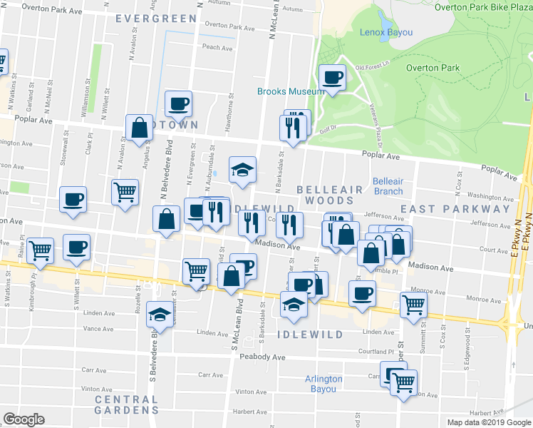map of restaurants, bars, coffee shops, grocery stores, and more near 1874 Court Avenue in Memphis
