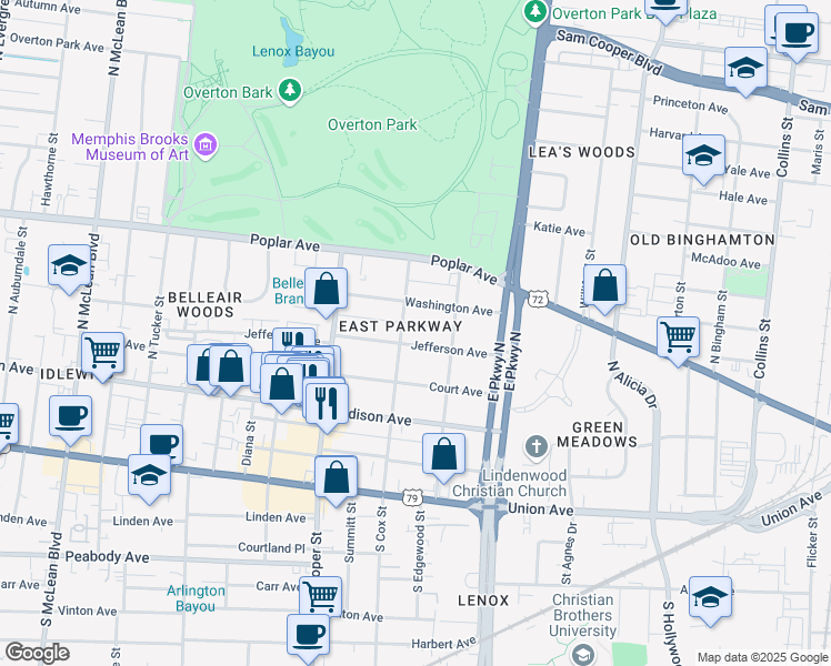 map of restaurants, bars, coffee shops, grocery stores, and more near 2234 Jefferson Avenue in Memphis