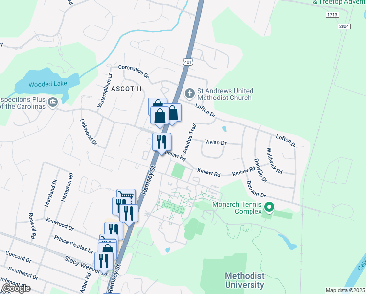 map of restaurants, bars, coffee shops, grocery stores, and more near 5809 Arbutus Trail in Fayetteville