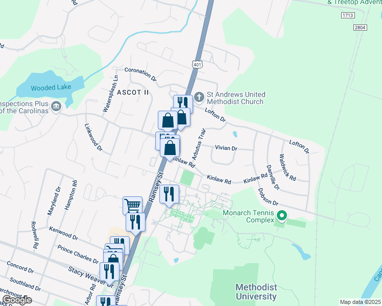 map of restaurants, bars, coffee shops, grocery stores, and more near 5809 Arbutus Trail in Fayetteville