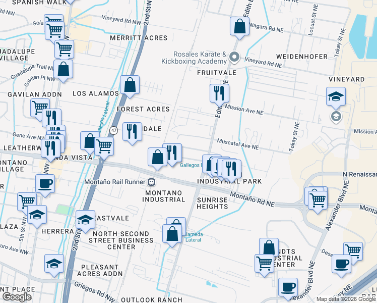 map of restaurants, bars, coffee shops, grocery stores, and more near 212 Placitas Road Northeast in Albuquerque