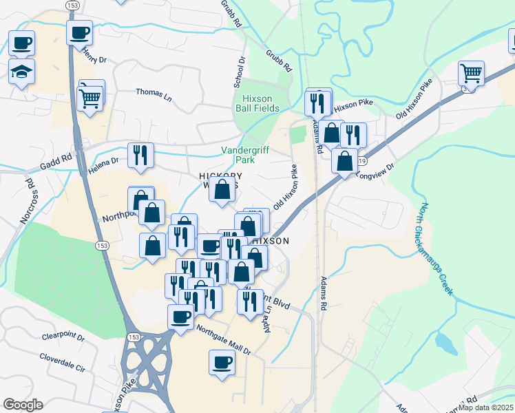 map of restaurants, bars, coffee shops, grocery stores, and more near 5235 Hickory Nut Lane in Chattanooga