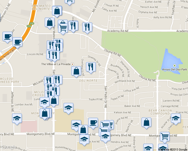 map of restaurants, bars, coffee shops, grocery stores, and more near 6100 Lejano Avenue Northeast in Albuquerque