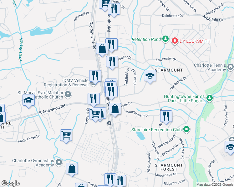 map of restaurants, bars, coffee shops, grocery stores, and more near 6818 Woodstream Drive in Charlotte