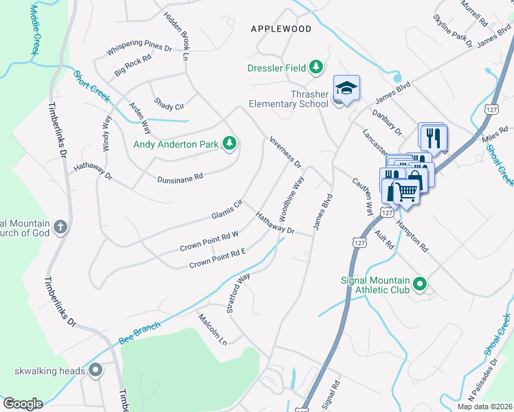 map of restaurants, bars, coffee shops, grocery stores, and more near 1100 Crown Point Road West in Signal Mountain