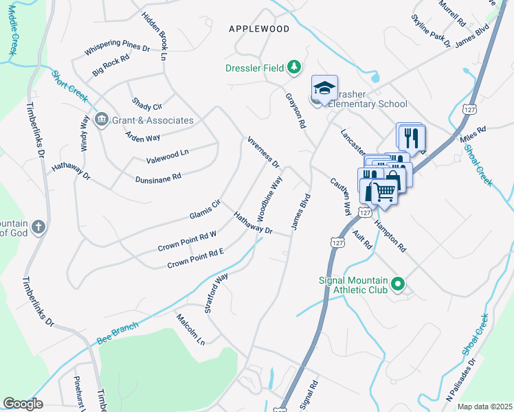 map of restaurants, bars, coffee shops, grocery stores, and more near 1104 Woodbine Way in Signal Mountain