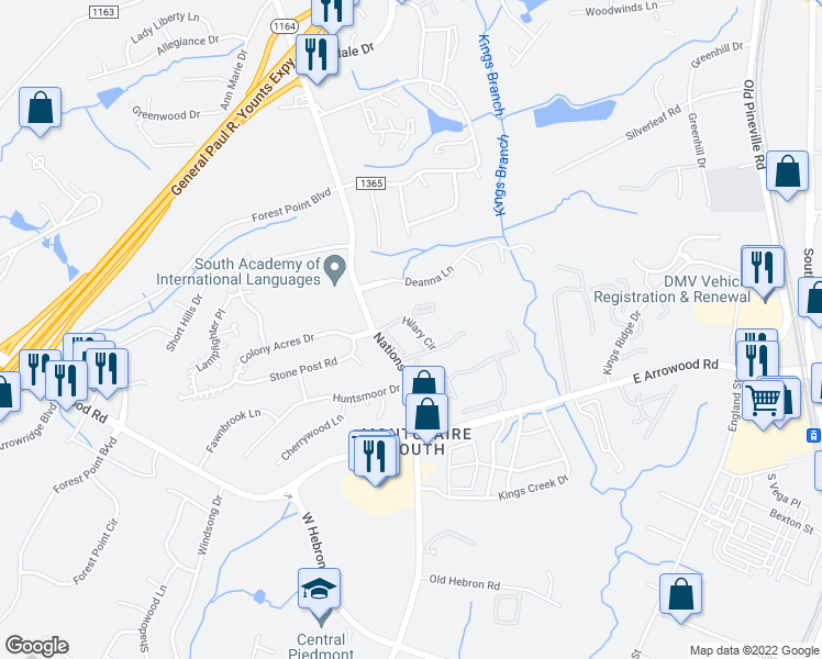 map of restaurants, bars, coffee shops, grocery stores, and more near 103 Dinadan Drive in Charlotte