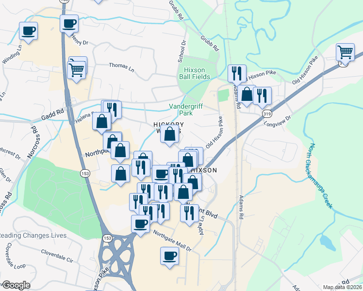 map of restaurants, bars, coffee shops, grocery stores, and more near 5210 Hickory Woods Lane in Chattanooga