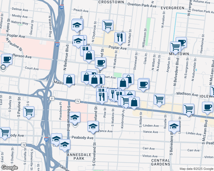 map of restaurants, bars, coffee shops, grocery stores, and more near 1384 Madison Avenue in Memphis