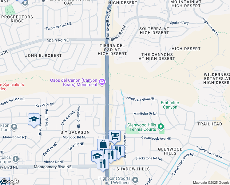 map of restaurants, bars, coffee shops, grocery stores, and more near 5185 Glenwood Pointe Lane Northeast in Albuquerque