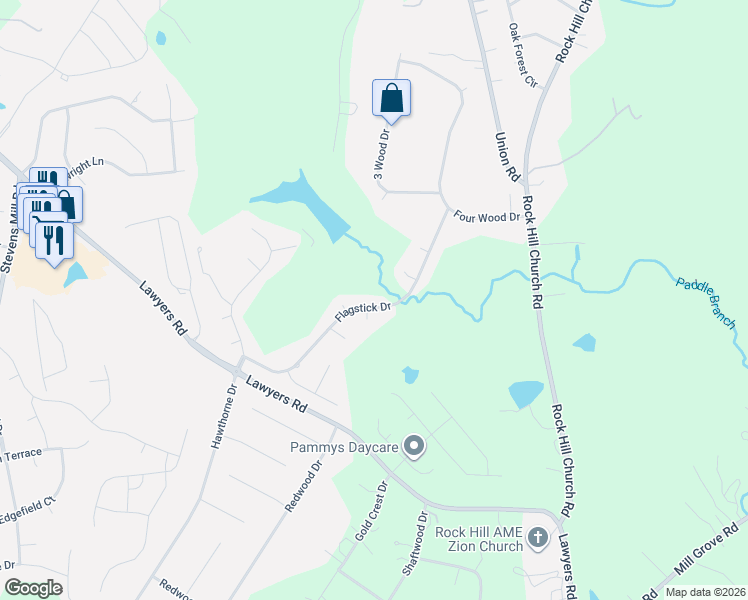 map of restaurants, bars, coffee shops, grocery stores, and more near 2325 Flagstick Drive in Matthews