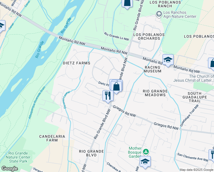 map of restaurants, bars, coffee shops, grocery stores, and more near 2112 Dietz Place Northwest in Albuquerque