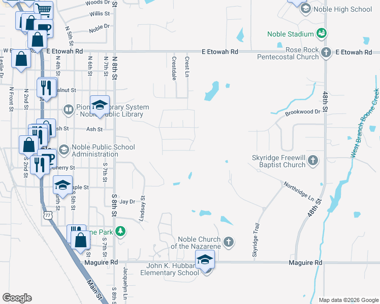 map of restaurants, bars, coffee shops, grocery stores, and more near 301 North 8th Street in Noble