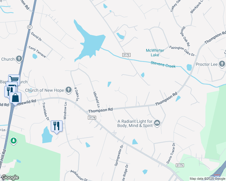 map of restaurants, bars, coffee shops, grocery stores, and more near 13931 Thompson Road in Mint Hill