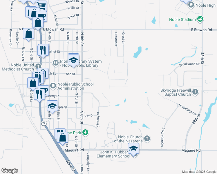 map of restaurants, bars, coffee shops, grocery stores, and more near 301 North 8th Street in Noble