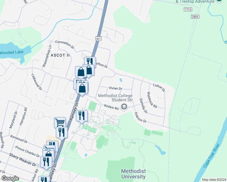 map of restaurants, bars, coffee shops, grocery stores, and more near 216 Vivian Drive in Fayetteville