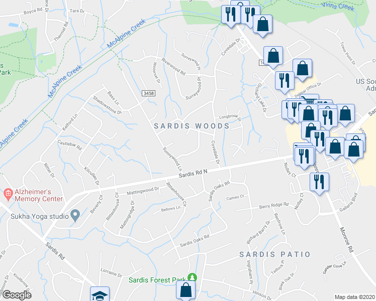 map of restaurants, bars, coffee shops, grocery stores, and more near 9646 Watergate Road in Charlotte