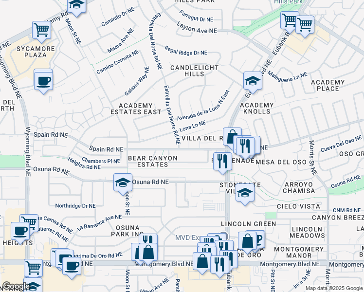map of restaurants, bars, coffee shops, grocery stores, and more near 5300 Estrellita Del Norte Road Northeast in Albuquerque