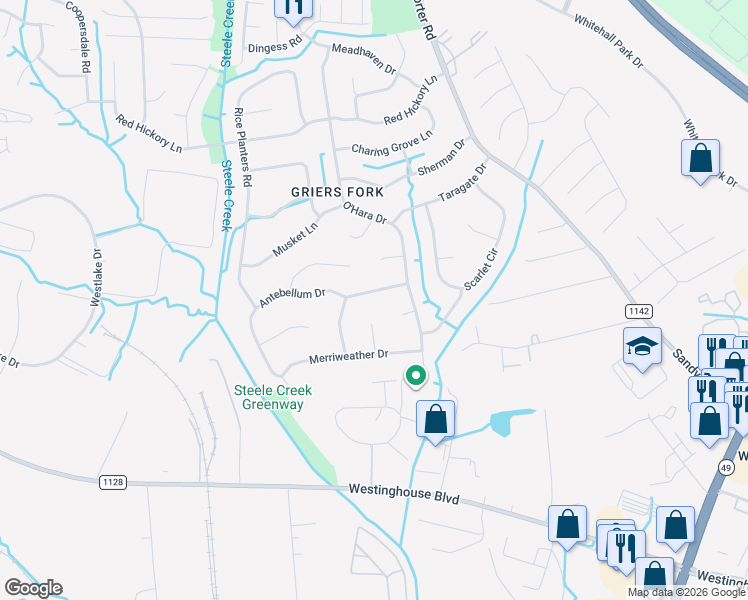 map of restaurants, bars, coffee shops, grocery stores, and more near 11924 Antebellum Drive in Charlotte