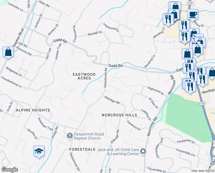 map of restaurants, bars, coffee shops, grocery stores, and more near 600 Mountain Wood Drive in Chattanooga