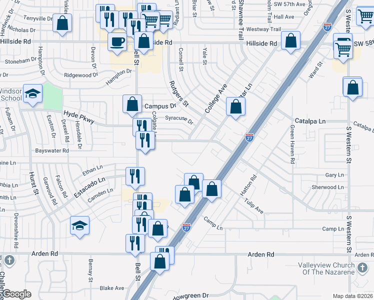 map of restaurants, bars, coffee shops, grocery stores, and more near 5333-5373 West Farmers Avenue in Amarillo